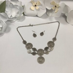 Silver Medallion Necklace + Earring Set
